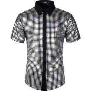 Mens 70s Disco Costume Silver Sequins Short Sleeve Button Down Shirts, Silver